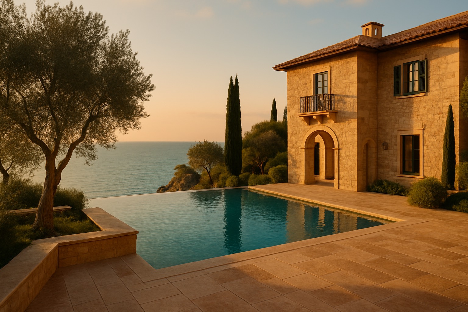 Mediterranes Villa-Anwesen an der zypriotischen Küste im Abendlicht